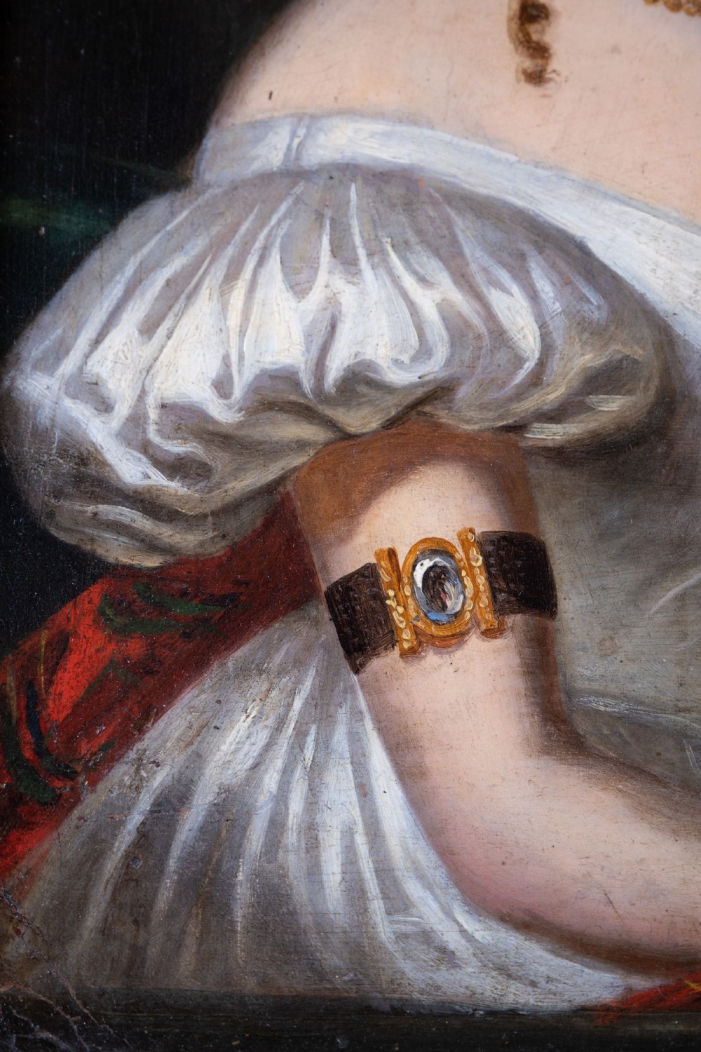 19th Century Portrait Of A Young Lady With Tartan Shawl. Oil On Board. View IV