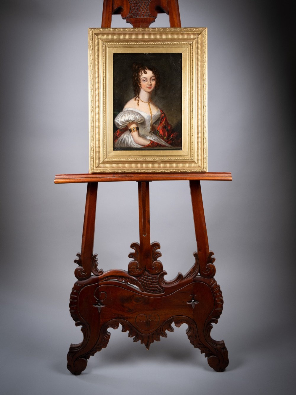 19th Century Portrait Of A Young Lady With Tartan Shawl. Oil On Board. View V