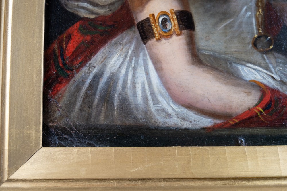 19th Century Portrait Of A Young Lady With Tartan Shawl. Oil On Board. View VI
