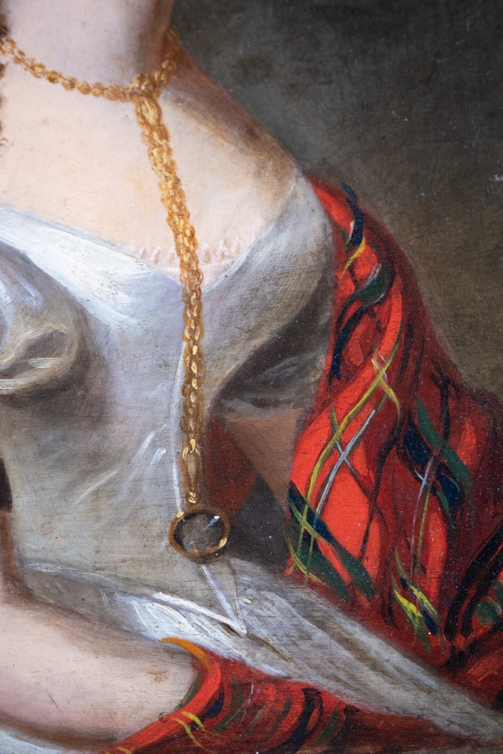 19th Century Portrait Of A Young Lady With Tartan Shawl. Oil On Board. View VIII