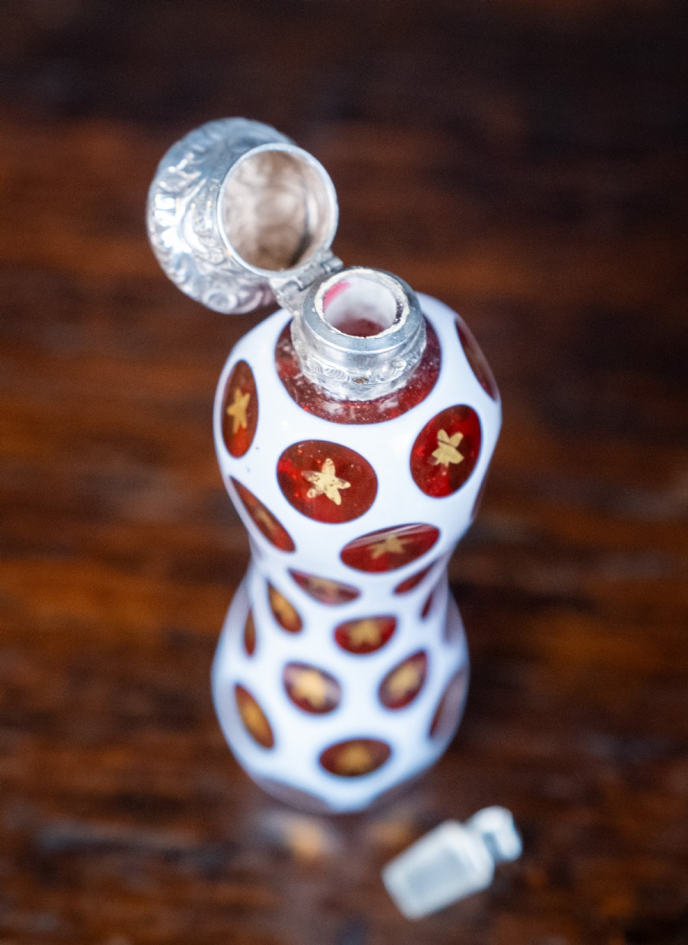 19th Century Bohemian Ruby & White Glass Silver Scent Bottle View V