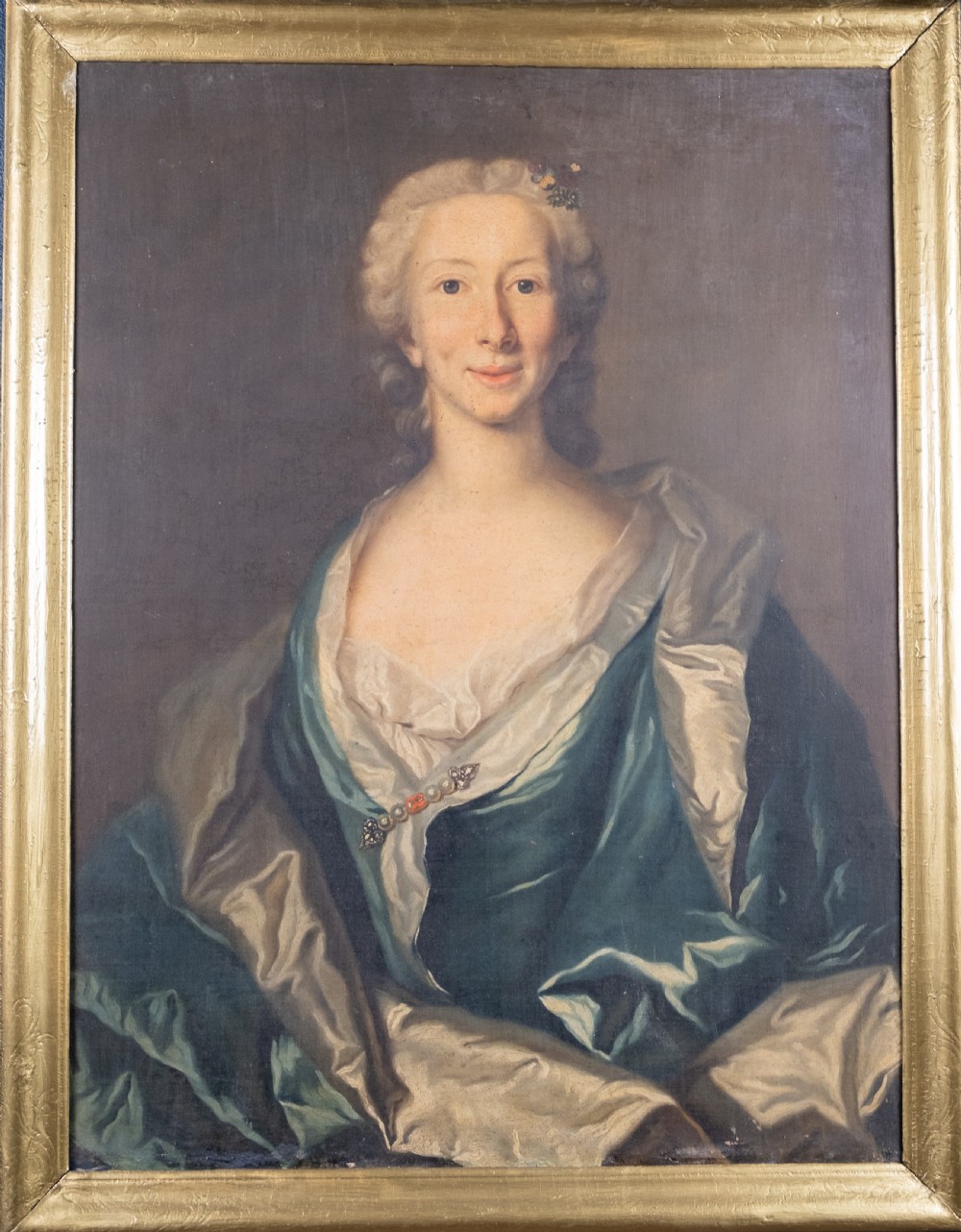 Large 18th Century Portrait Of A Young Lady In A Silk Dress. Oil On Canvas.