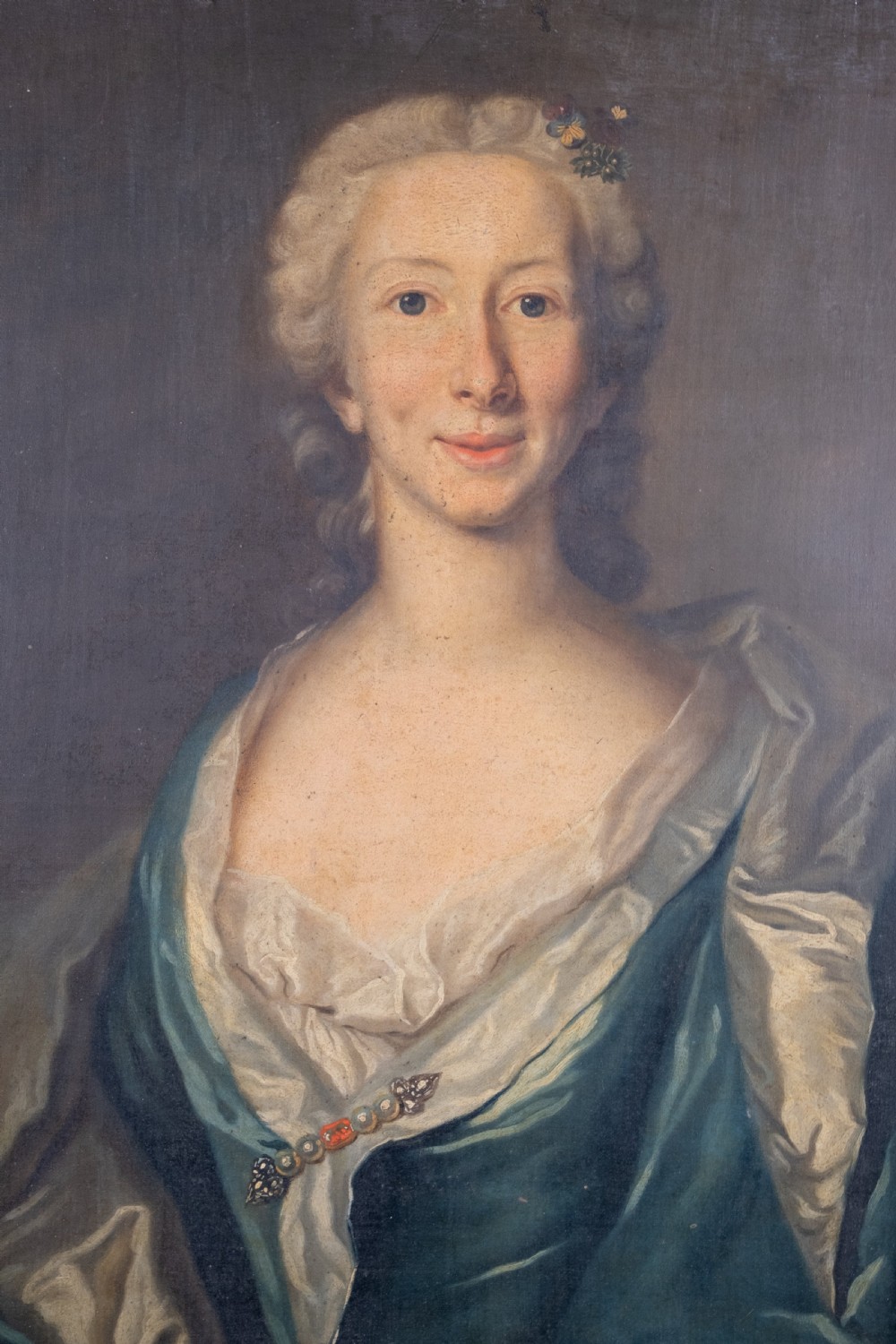 Large 18th Century Portrait Of A Young Lady In A Silk Dress. Oil On Canvas. View II