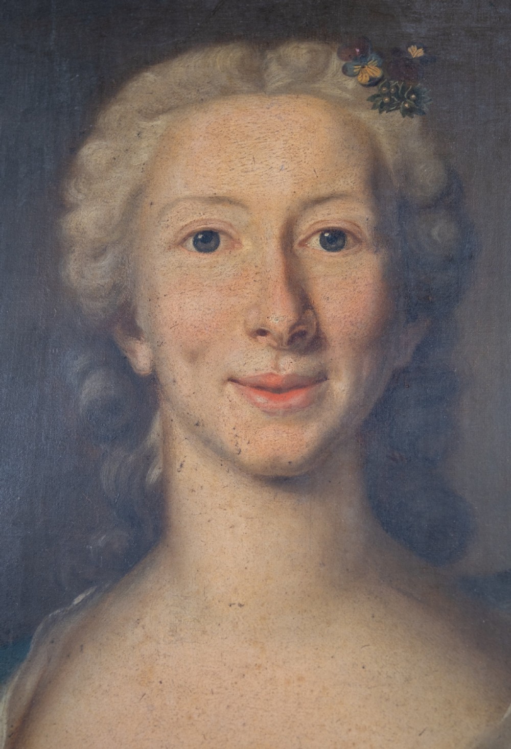 Large 18th Century Portrait Of A Young Lady In A Silk Dress. Oil On Canvas. View III