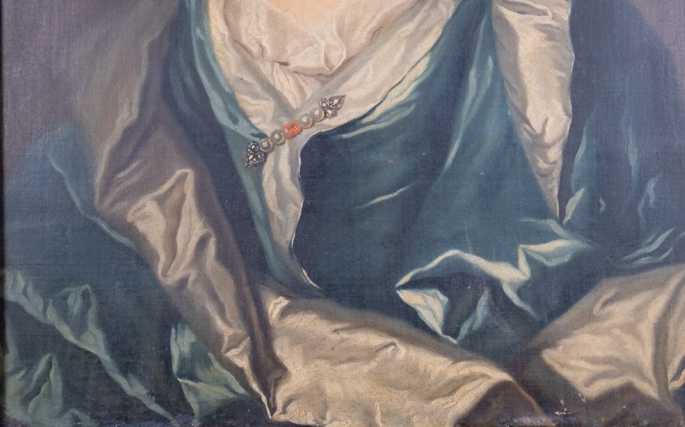 Large 18th Century Portrait Of A Young Lady In A Silk Dress. Oil On Canvas. View V