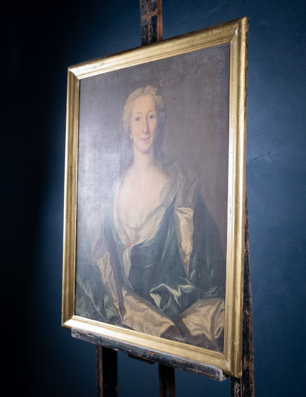Large 18th Century Portrait Of A Young Lady In A Silk Dress. Oil On Canvas. View IX