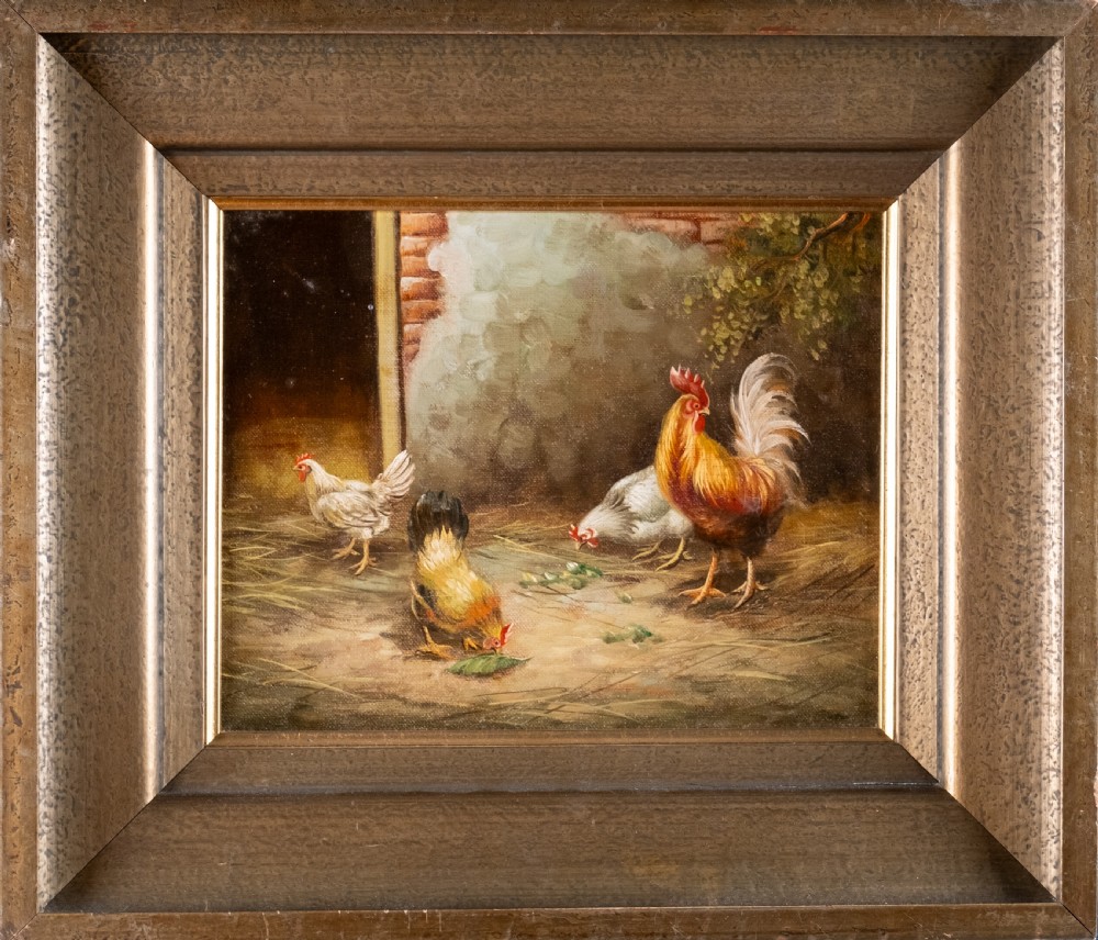 19th Century Oil on Canvas - Chickens & Roosters In Farmyard. Norwich School.