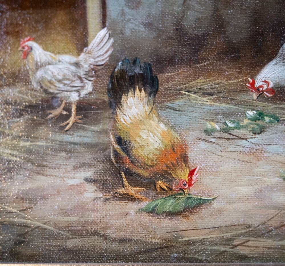 19th Century Oil on Canvas - Chickens & Roosters In Farmyard. Norwich School. View III