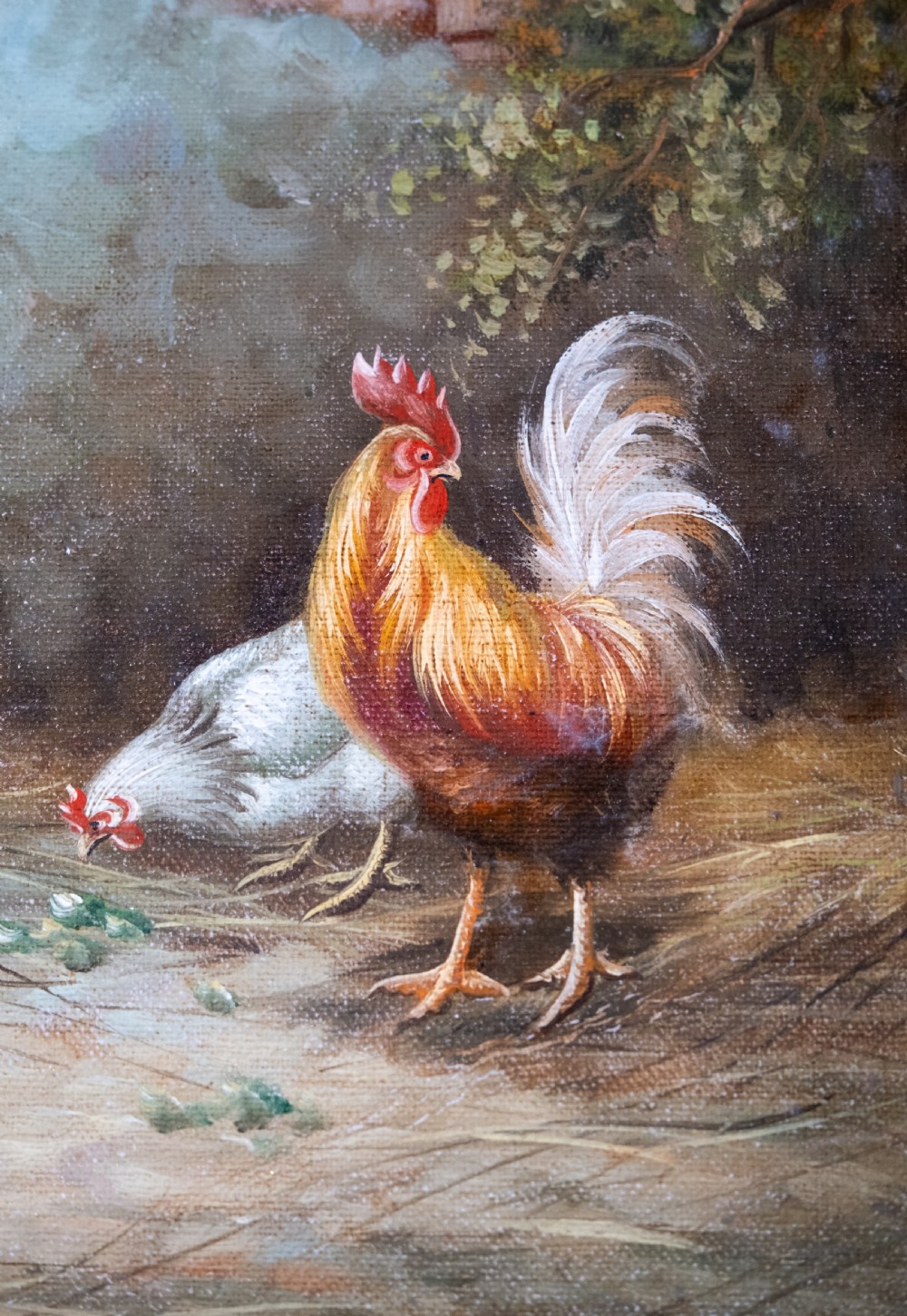 19th Century Oil on Canvas - Chickens & Roosters In Farmyard. Norwich School. View IV