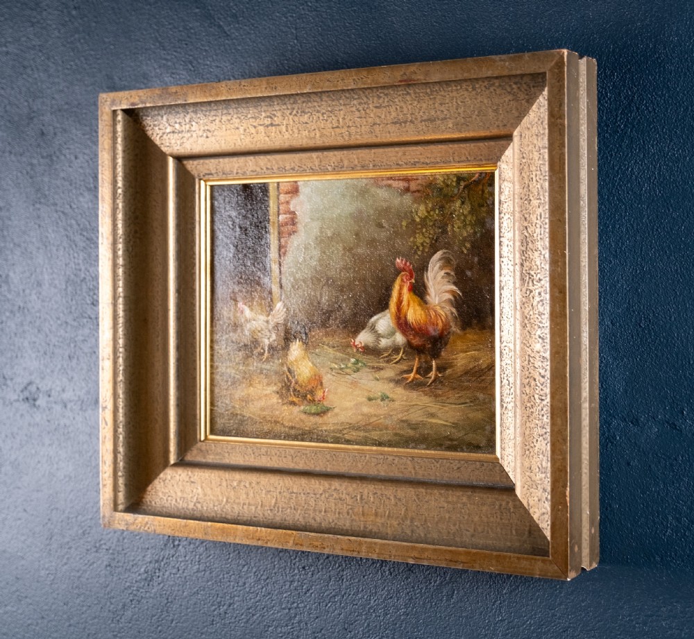 19th Century Oil on Canvas - Chickens & Roosters In Farmyard. Norwich School. View V