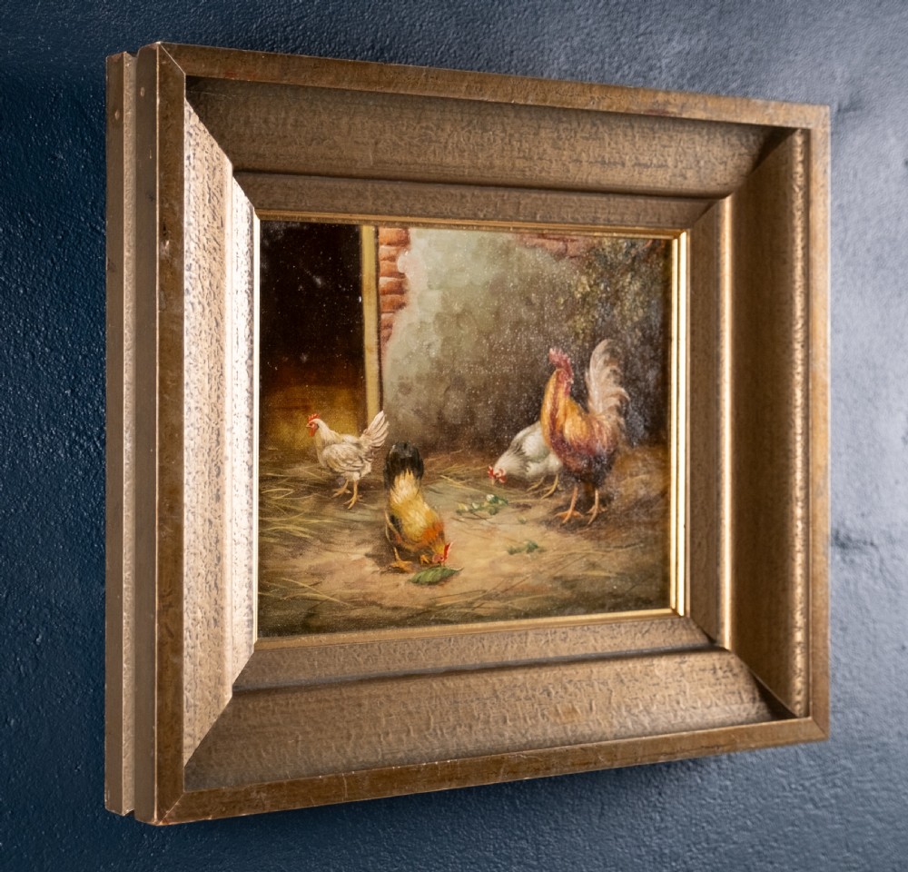 19th Century Oil on Canvas - Chickens & Roosters In Farmyard. Norwich School. View VI