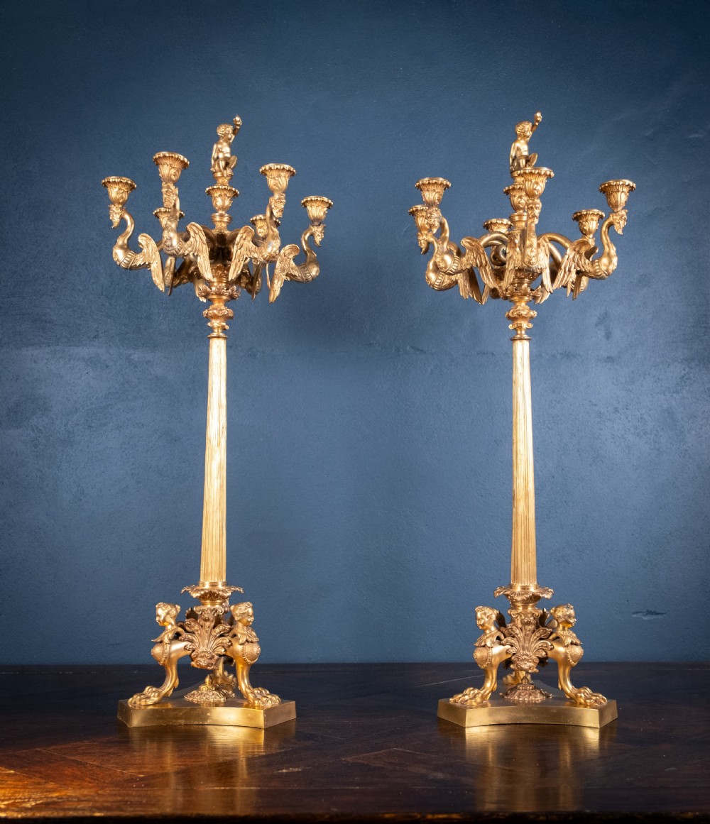 Large Pair Of Gilded Neoclassical Style 7-Branch Candelabra