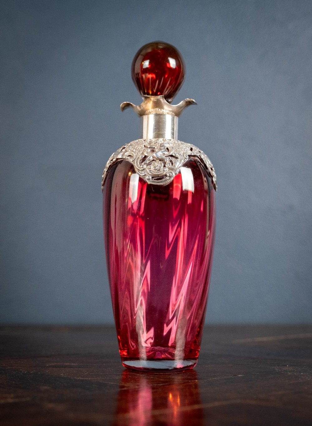 Silver Mounted Cranberry Glass Decanter by Mitchell Bosley & Co