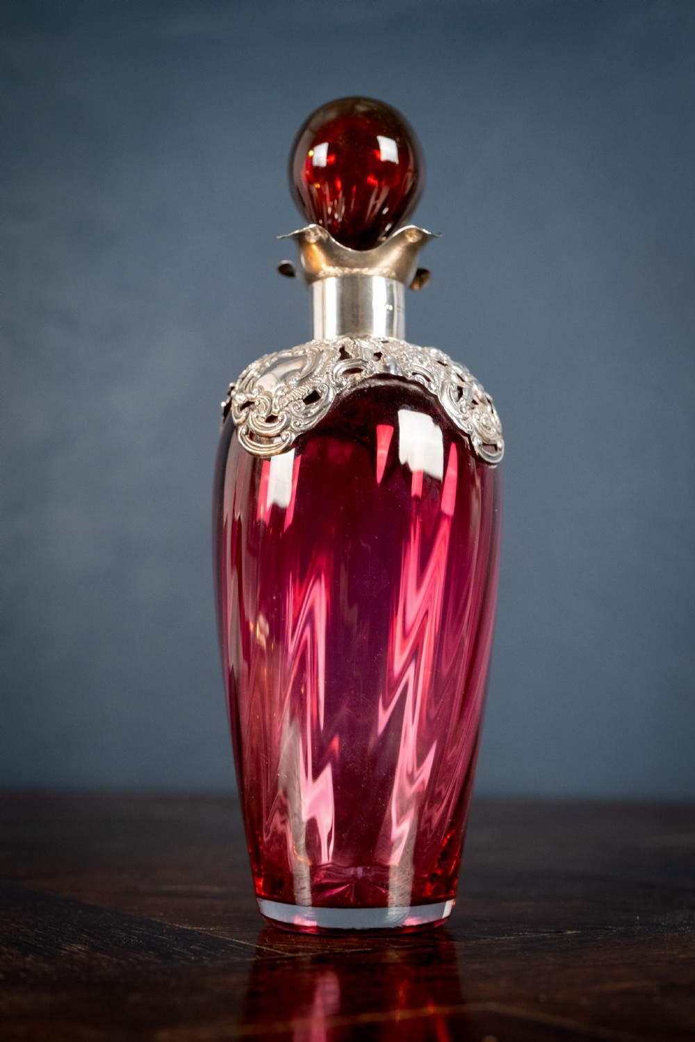 Silver Mounted Cranberry Glass Decanter by Mitchell Bosley & Co View II