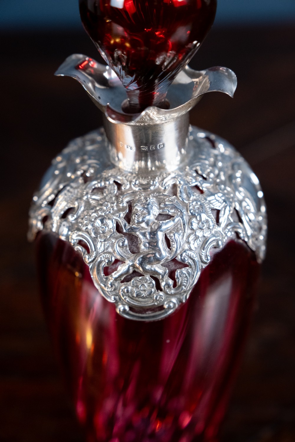 Silver Mounted Cranberry Glass Decanter by Mitchell Bosley & Co View III