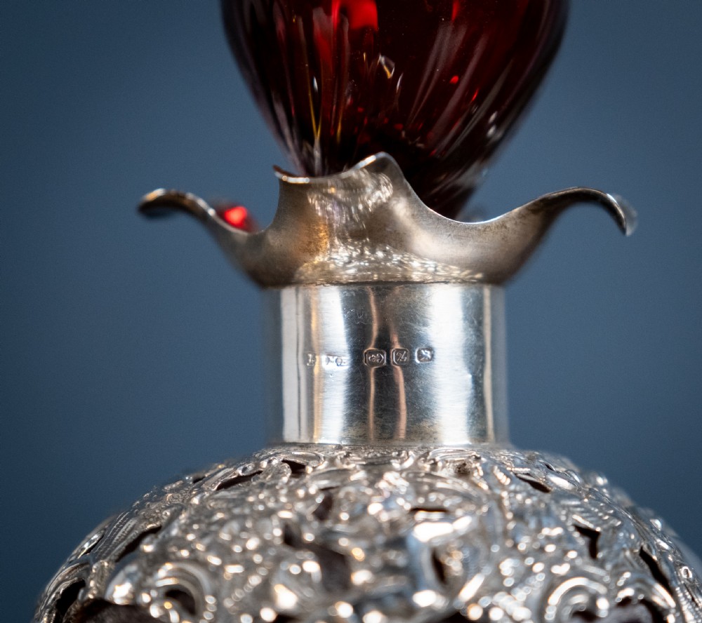 Silver Mounted Cranberry Glass Decanter by Mitchell Bosley & Co View IV