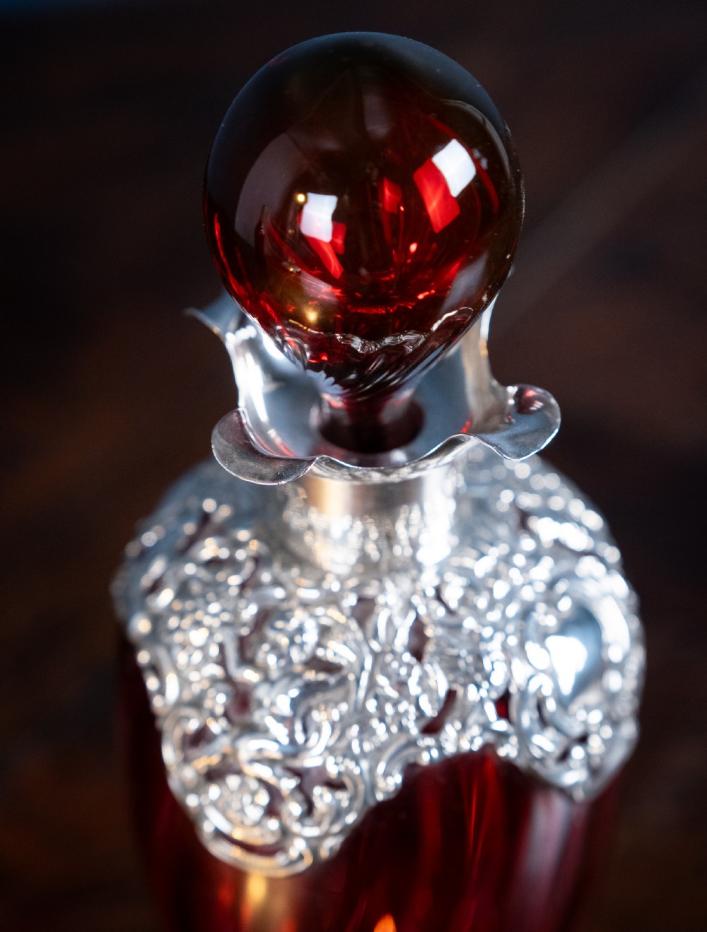 Silver Mounted Cranberry Glass Decanter by Mitchell Bosley & Co View V