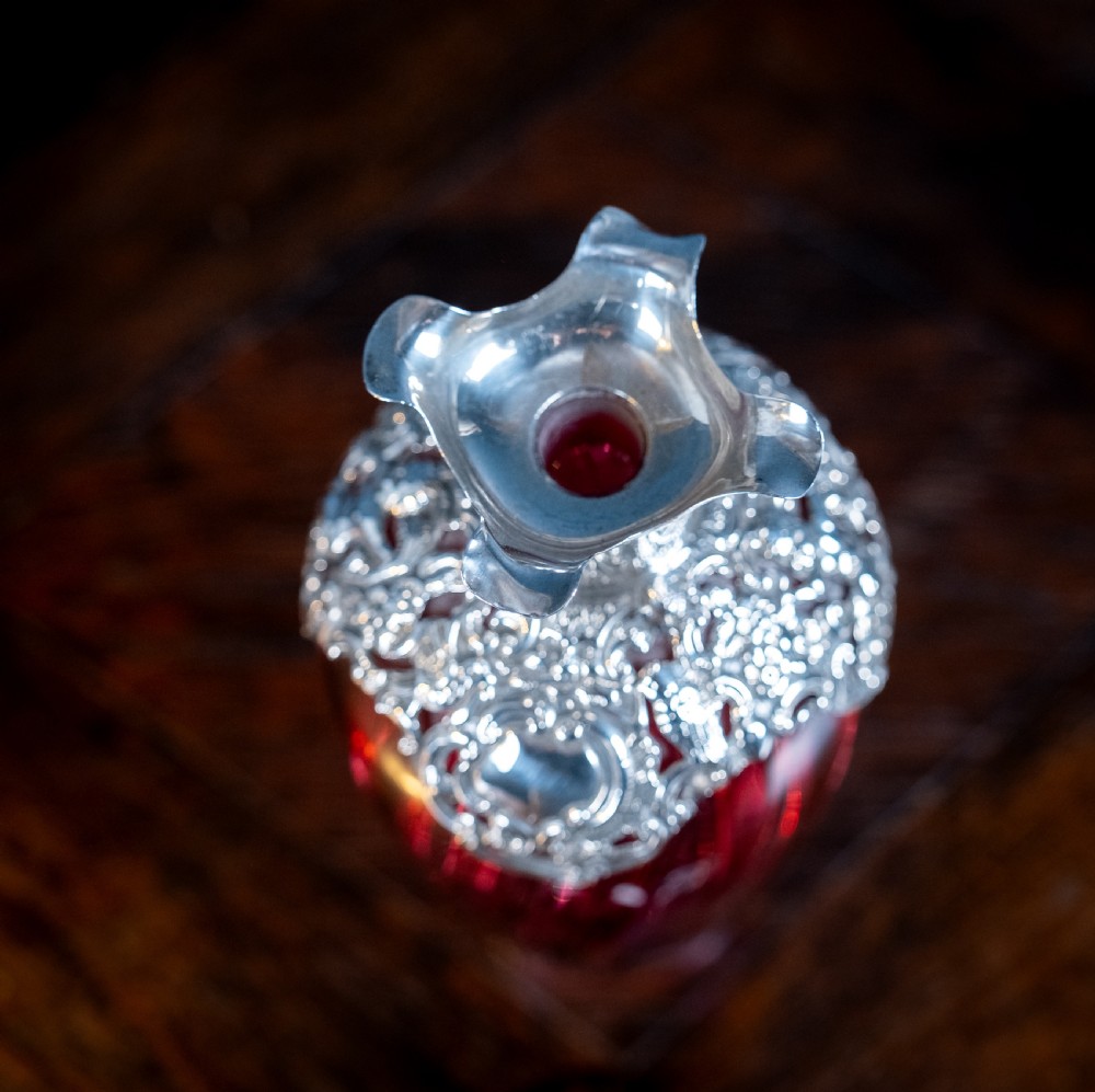 Silver Mounted Cranberry Glass Decanter by Mitchell Bosley & Co View VI