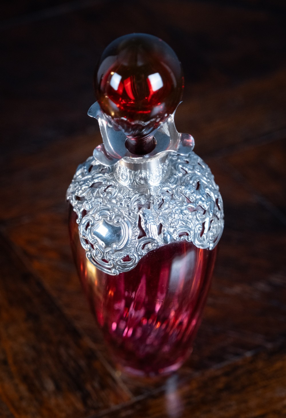 Silver Mounted Cranberry Glass Decanter by Mitchell Bosley & Co View VIII
