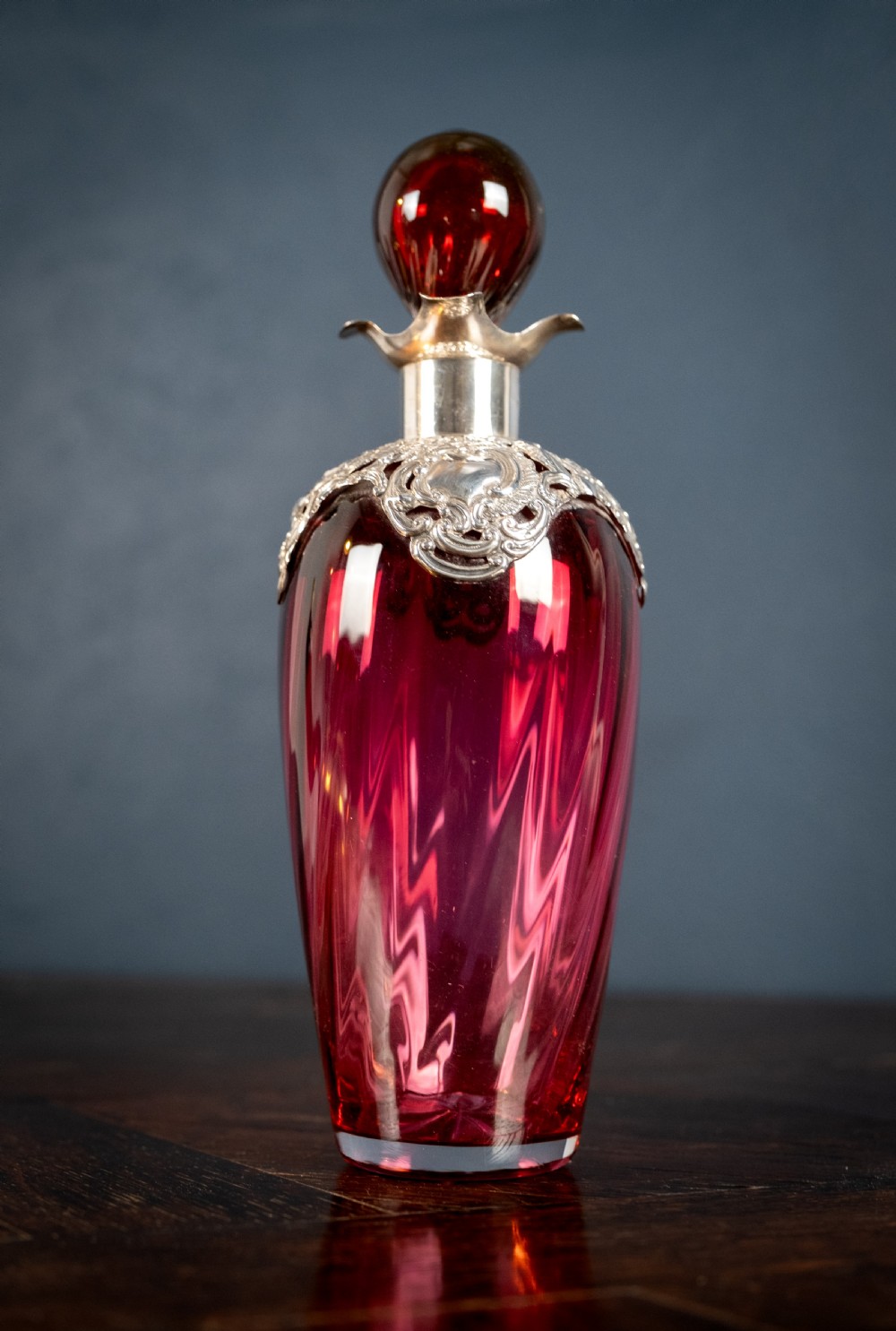 Silver Mounted Cranberry Glass Decanter by Mitchell Bosley & Co View IX