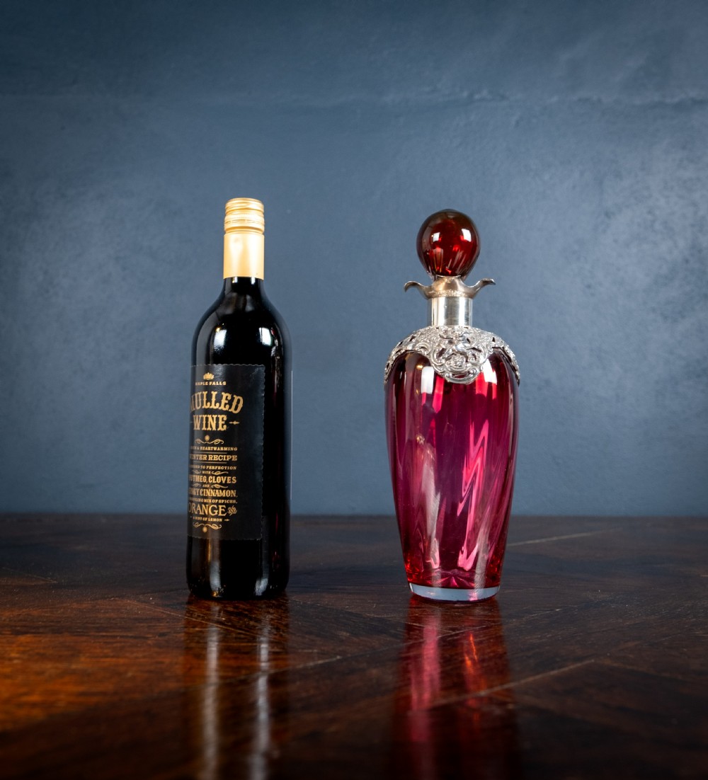 Silver Mounted Cranberry Glass Decanter by Mitchell Bosley & Co View X