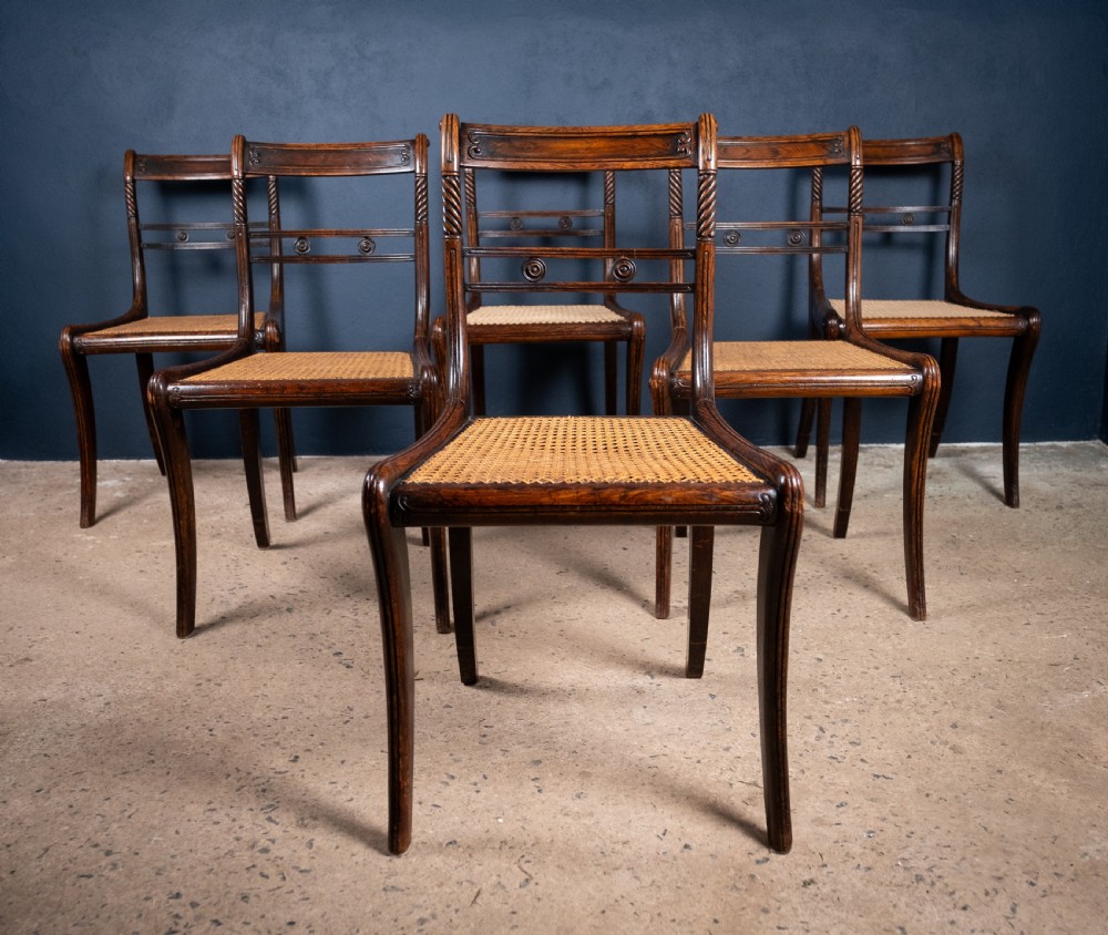 Six Regency Mahogany & Caned Dining Chairs In The Manner Of Gillows.