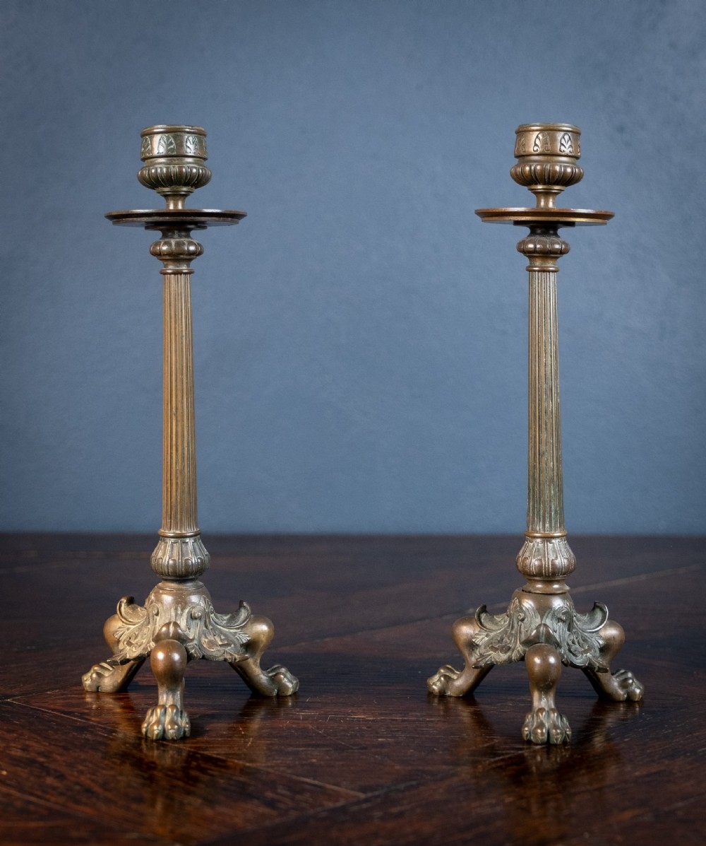 Bronze French Empire Lion Paw Candlesticks