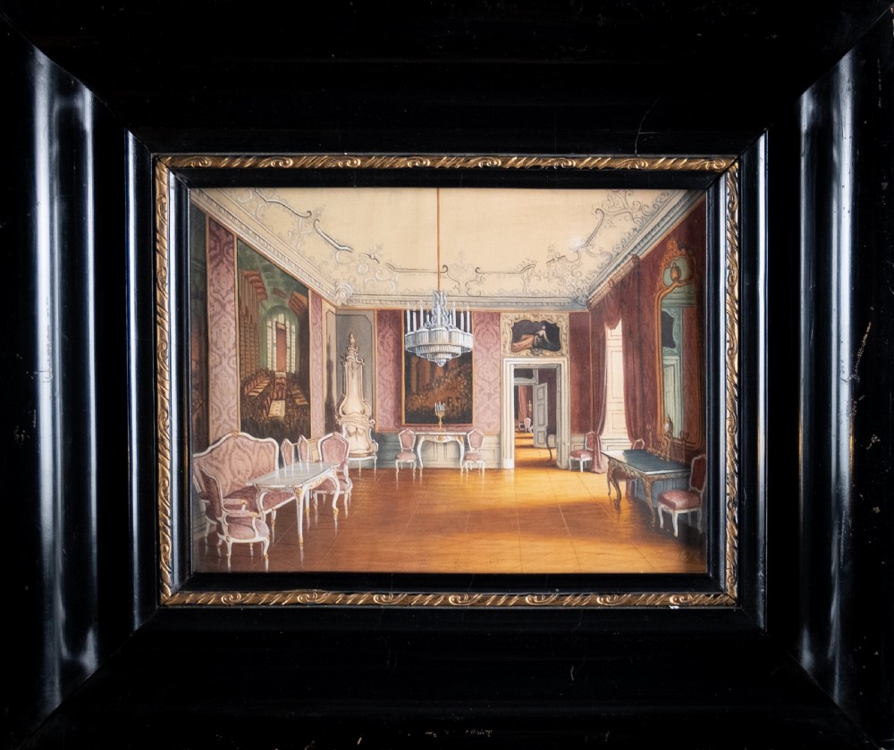 After J. Jaunbersin (fl.1900), 'The birth room of Emperor Franz Joseph at Schönbrunn Palace, Vienna'. Pen & Watercolour. 