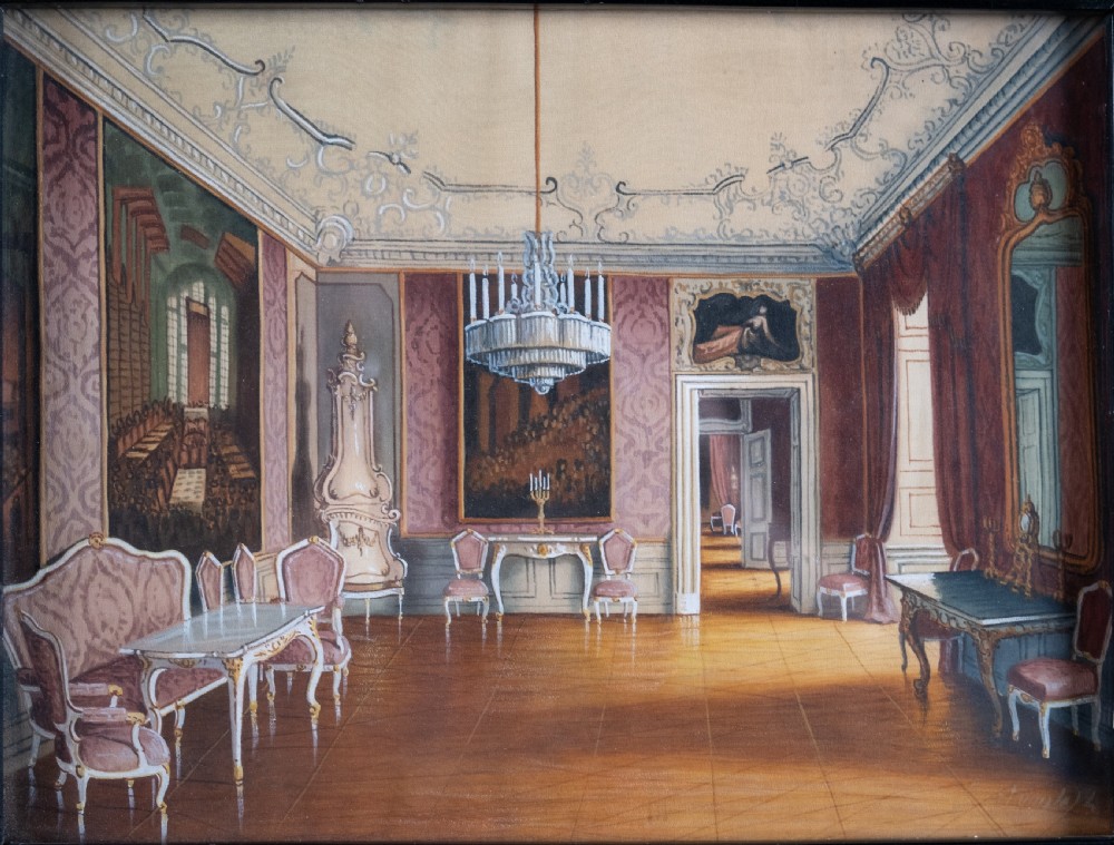 After J. Jaunbersin (fl.1900), 'The birth room of Emperor Franz Joseph at Schönbrunn Palace, Vienna'. Pen & Watercolour.  View II