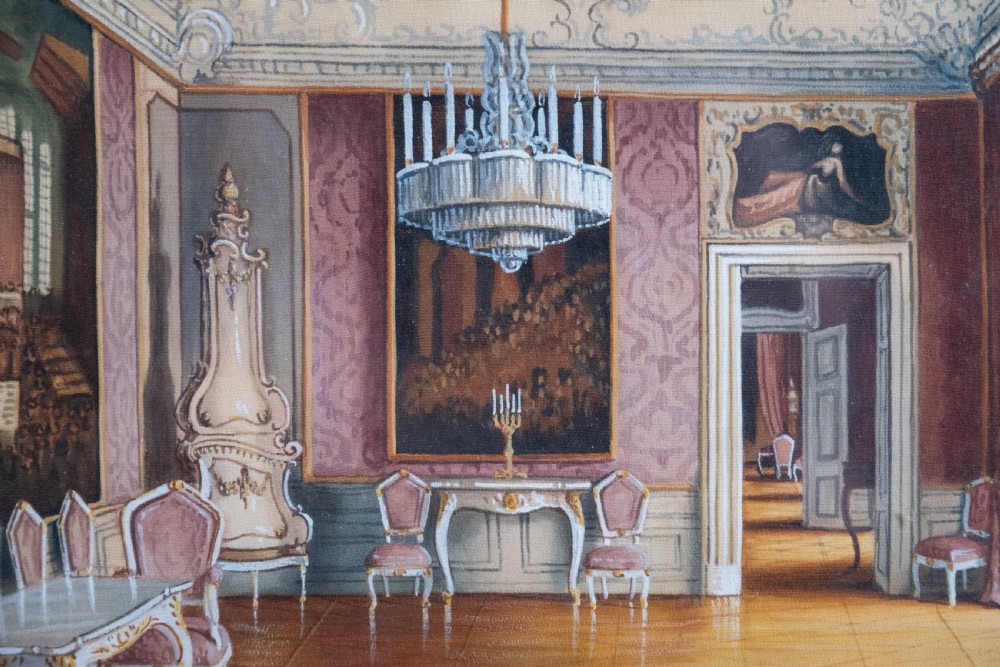 After J. Jaunbersin (fl.1900), 'The birth room of Emperor Franz Joseph at Schönbrunn Palace, Vienna'. Pen & Watercolour.  View III