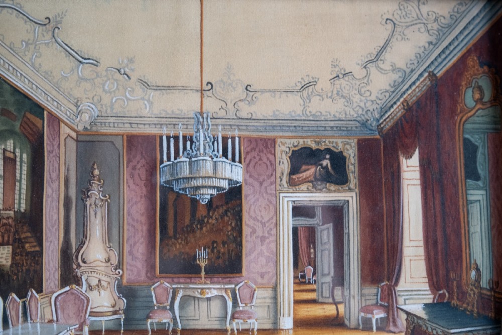 After J. Jaunbersin (fl.1900), 'The birth room of Emperor Franz Joseph at Schönbrunn Palace, Vienna'. Pen & Watercolour.  View IV
