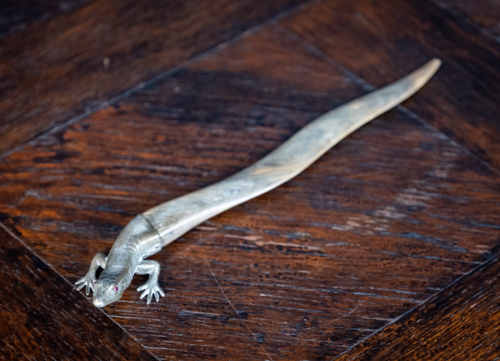 Novelty Brass & Horn Lizard Letter Opener, c.1900 View X