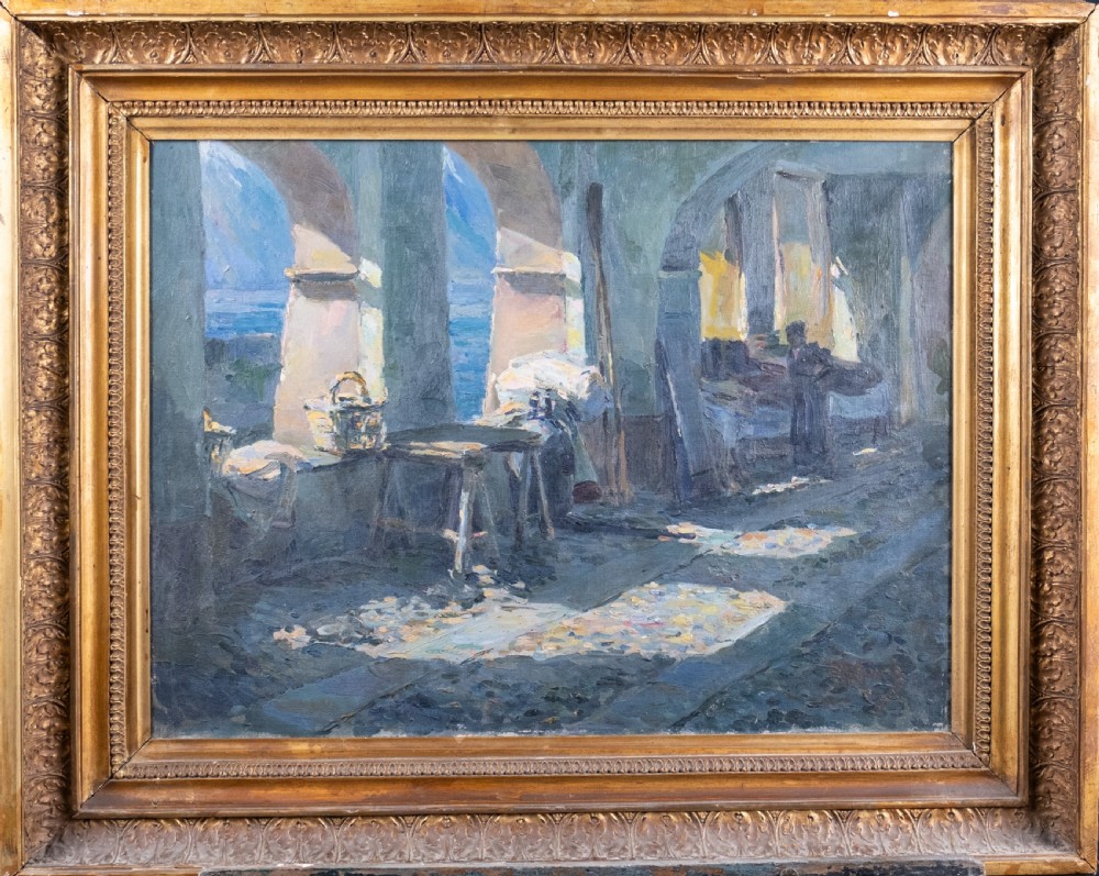 A Sunlit Coastal Colonnade - French School. Oil on Canvas.