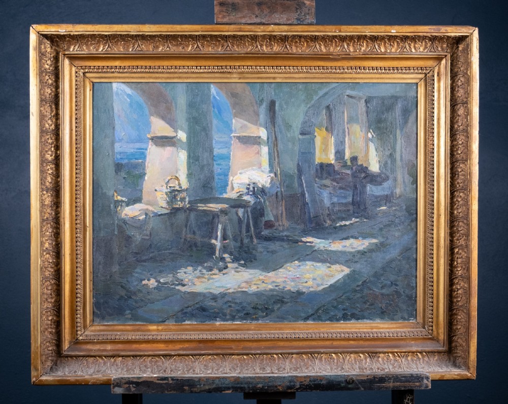 A Sunlit Coastal Colonnade - French School. Oil on Canvas. View II