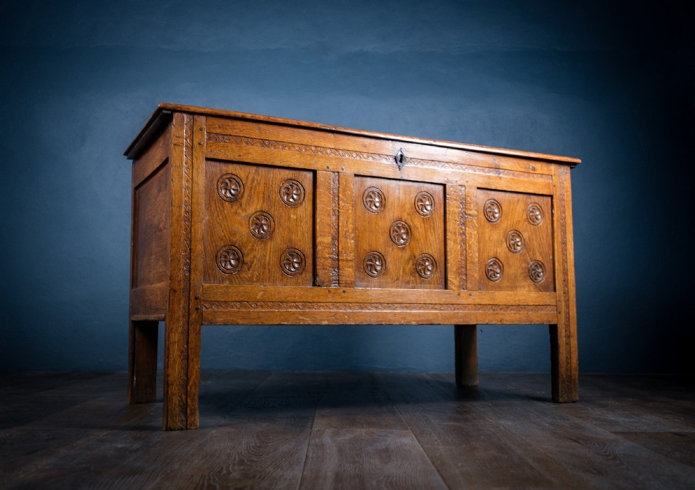 18th Century Oak Coffer With Carved Rosettes View II