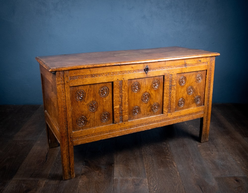 18th Century Oak Coffer With Carved Rosettes View VI