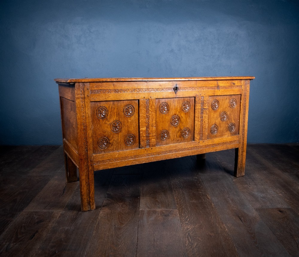 18th Century Oak Coffer With Carved Rosettes View XVI