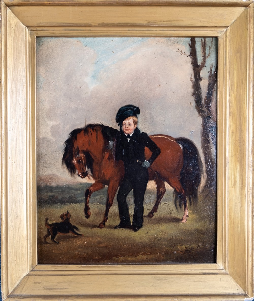 19th Century Oil On Panel - Boy With Horse. Naive School.