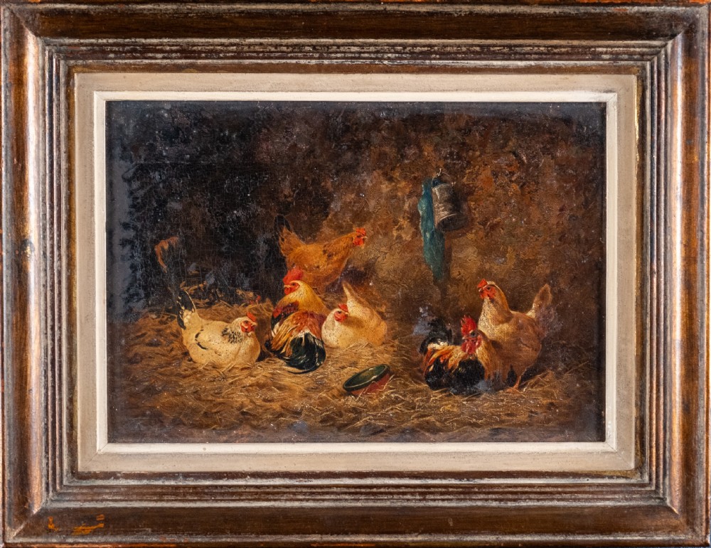 Follower Of Edgar Hunt (1876-1953) - Chickens In A Barn. Oil on Board.