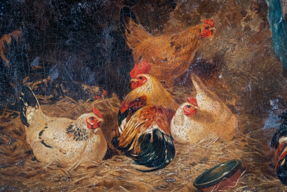 Follower Of Edgar Hunt (1876-1953) - Chickens In A Barn. Oil on Board. View II