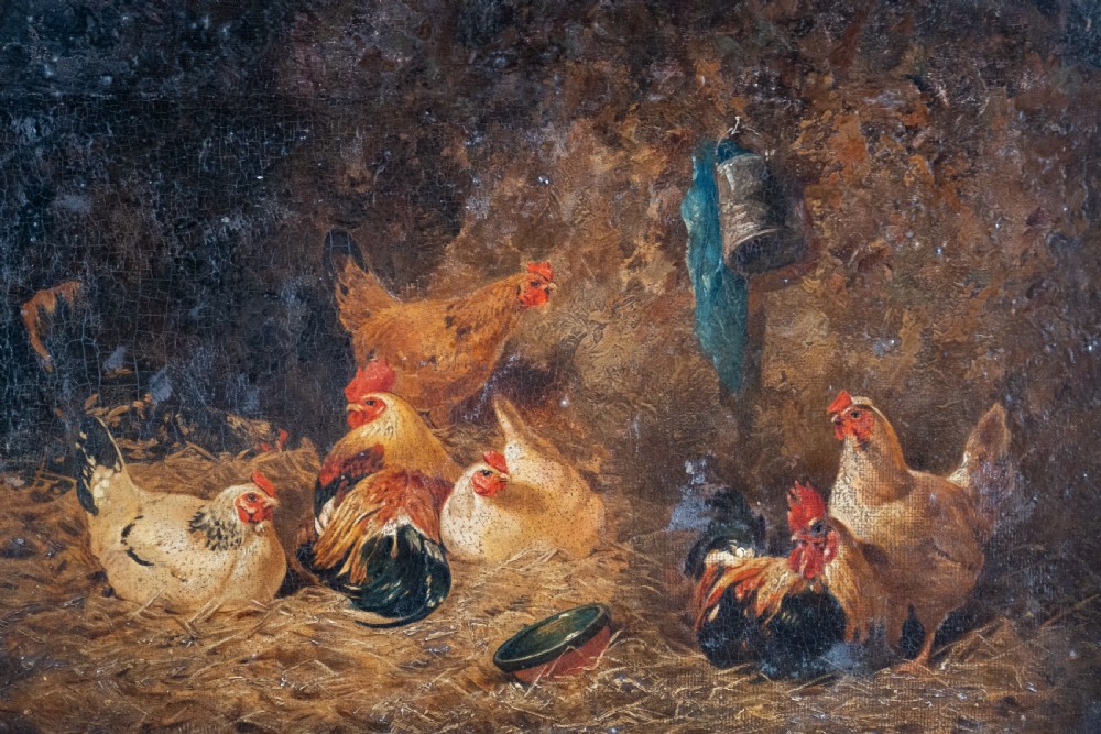 Follower Of Edgar Hunt (1876-1953) - Chickens In A Barn. Oil on Board. View III