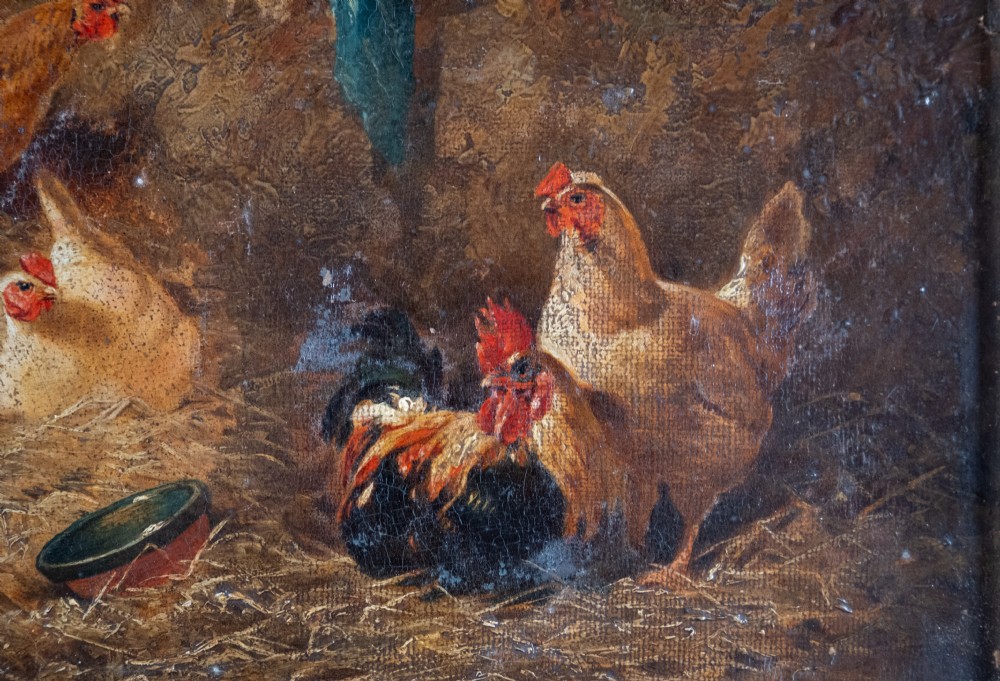 Follower Of Edgar Hunt (1876-1953) - Chickens In A Barn. Oil on Board. View IV