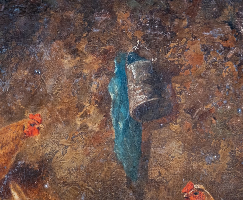 Follower Of Edgar Hunt (1876-1953) - Chickens In A Barn. Oil on Board. View V