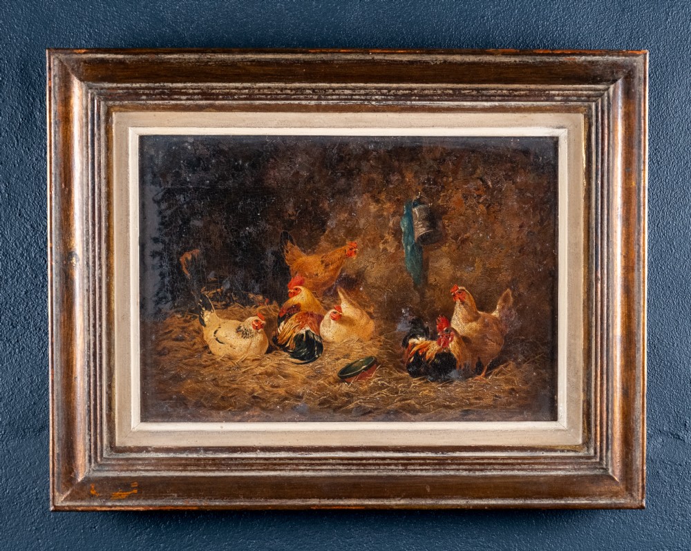 Follower Of Edgar Hunt (1876-1953) - Chickens In A Barn. Oil on Board. View VII