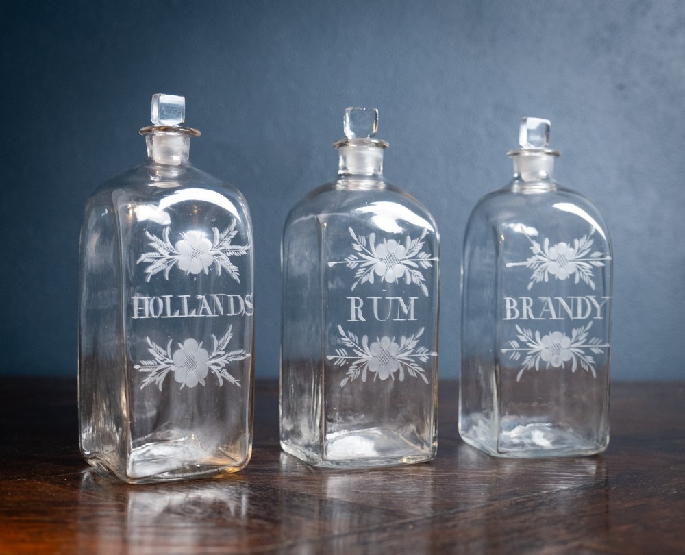 Three Georgian Hand Blown Etched Glass Decanters, c.1790
