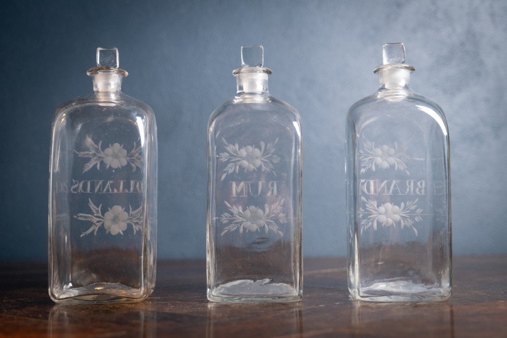 Three Georgian Hand Blown Etched Glass Decanters, c.1790 View IX