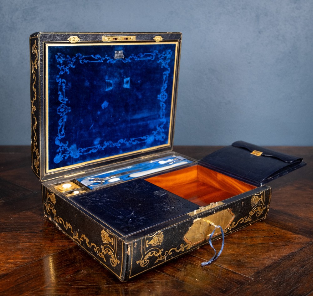 Fine Gilt Tooled Leather & Ormolu Writing Box by Fitzmaurice West, London. View II