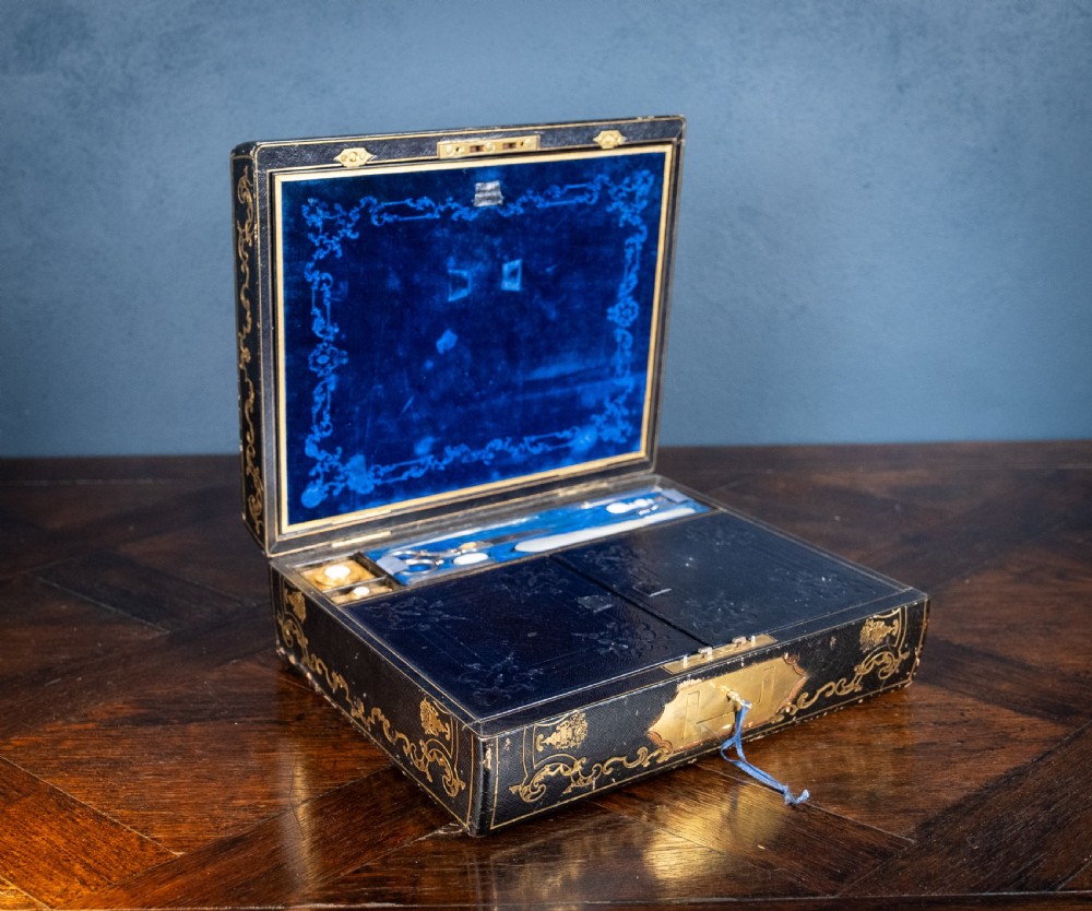 Fine Gilt Tooled Leather & Ormolu Writing Box by Fitzmaurice West, London. View III