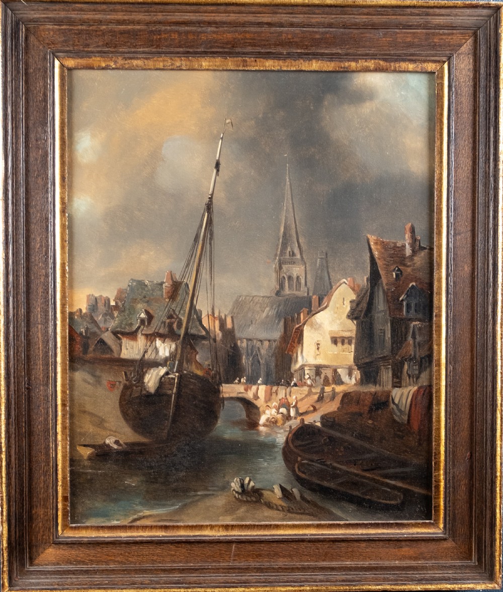 Circle of Ludwig Hermann (German, 1812-1881) - A City Harbour. Oil On Canvas.