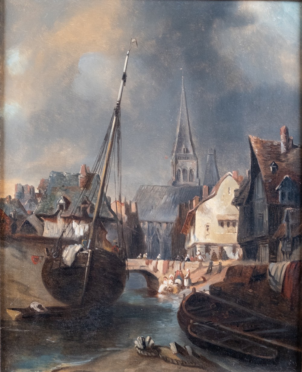 Circle of Ludwig Hermann (German, 1812-1881) - A City Harbour. Oil On Canvas. View II